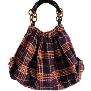 Oversized Plaid Hobo Bag Purple with Orange and Green Trim